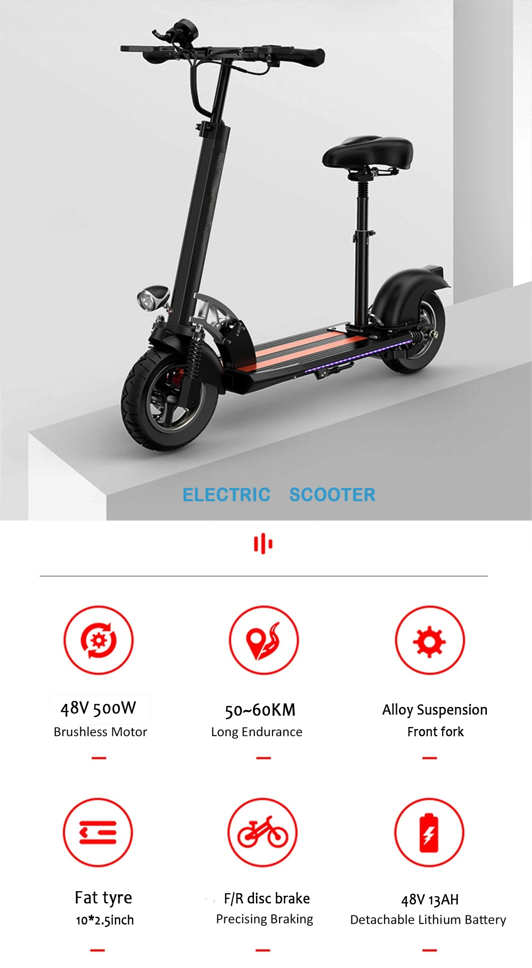 Genuine 500W Mechanical Brake Wholesale 48V12.5ah 10 Inch Max Speed 45km Electric Scooter