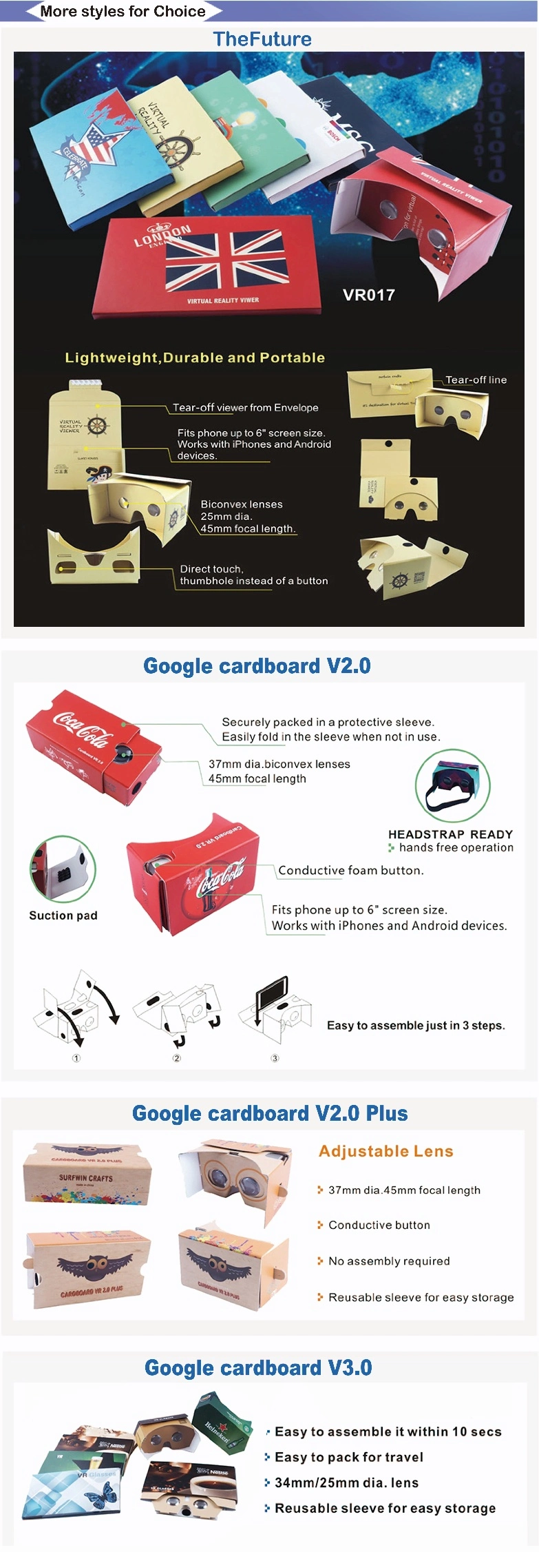 Hot Selling DIY Google Vr V1.0 Google Cardboard V1 Virtual Reality Cardboard 1.0 3D Vr Glasses 1.0